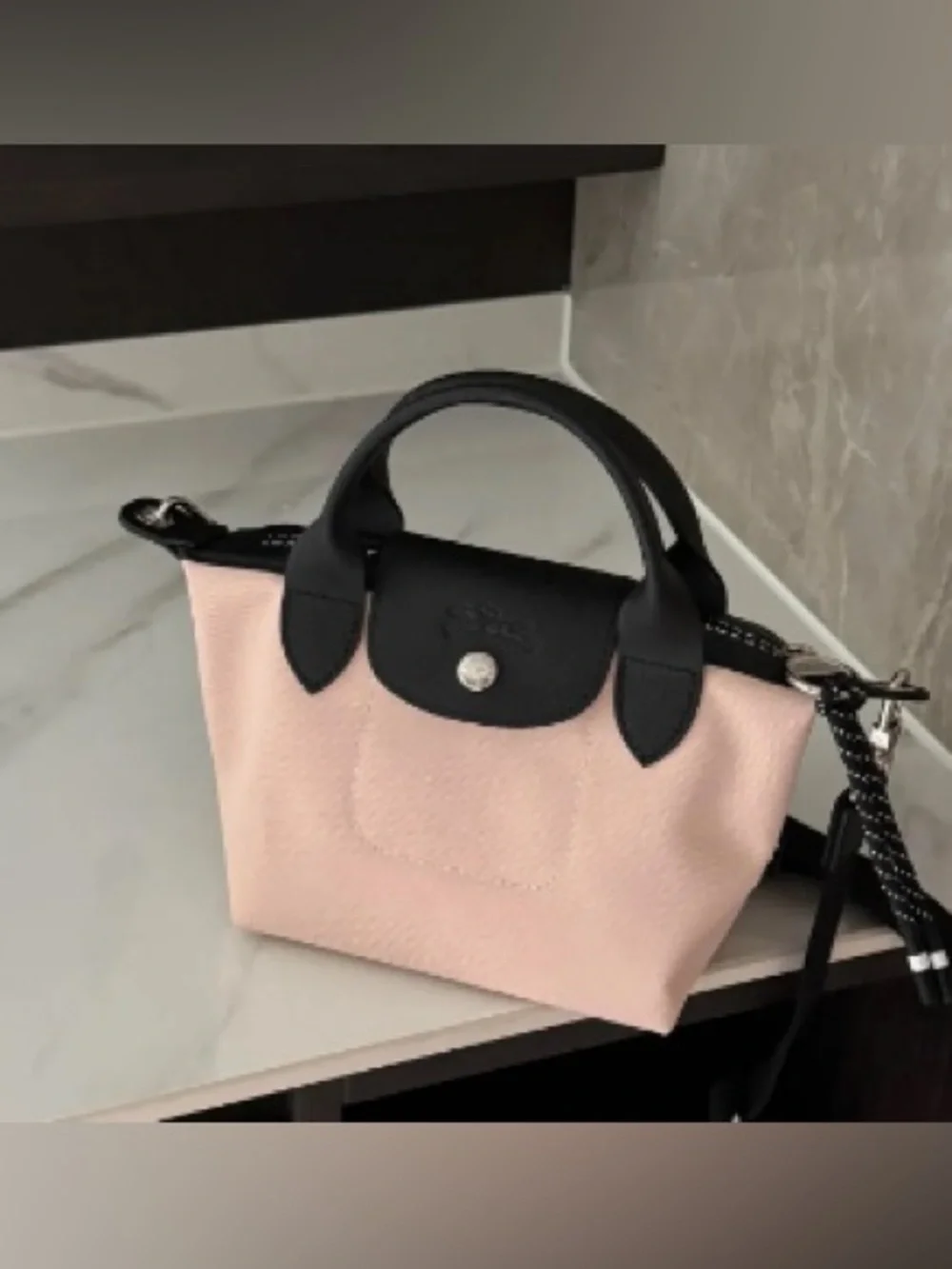 Longchamp Crossbody Le Pliage Mini - Blush Pink with Black Trim - Picture 2 of 4